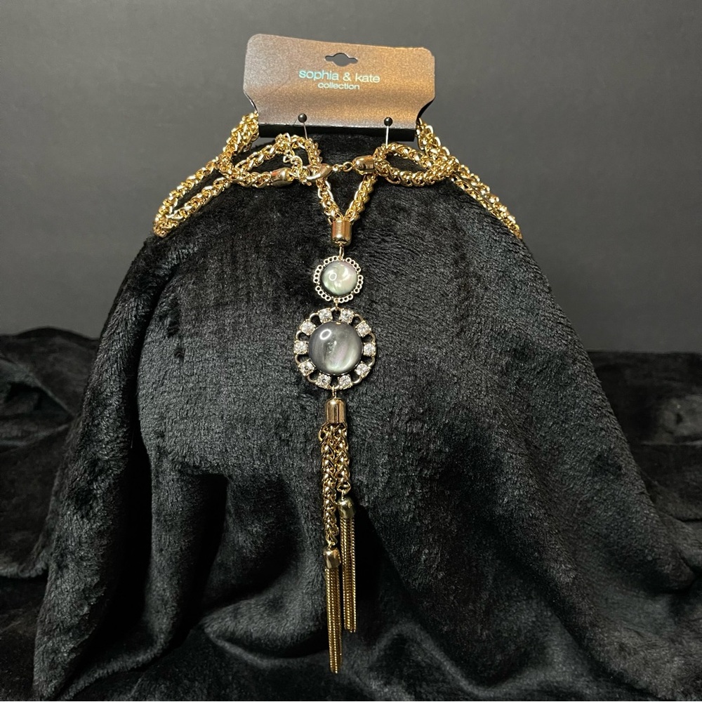 Long Gold Necklace with Black and Silver Accents - Picture 2 of 6